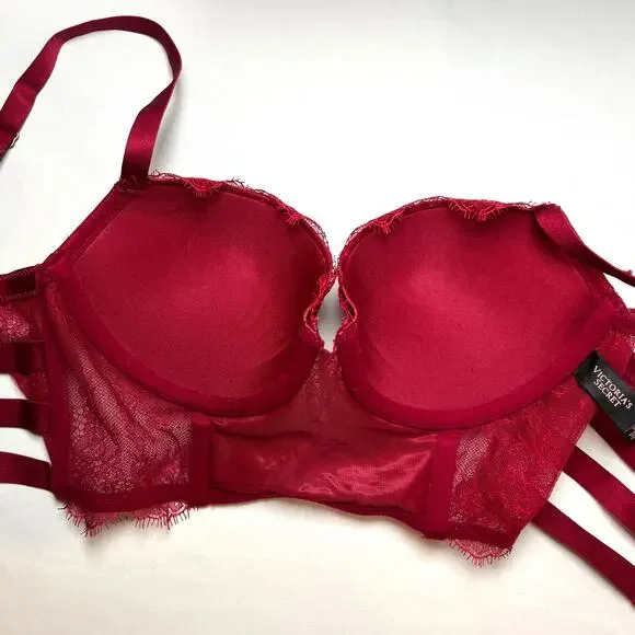 Victoria’s Secret Balconette Bra 32C Strappy Red Lace Long Line Corset Push Up - Picture 7 of 11